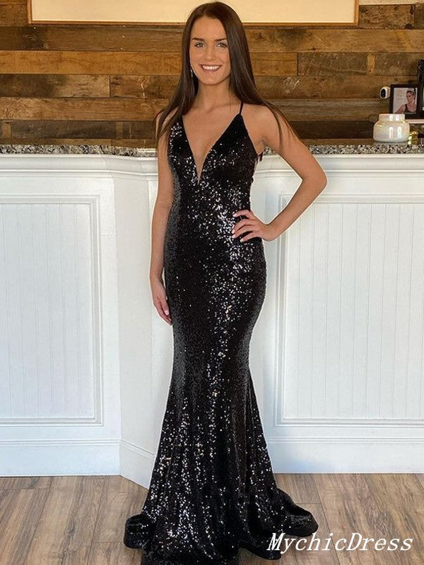 Mermaid Black Sequin Prom Dresses Sparkly Long Evening Gown – MyChicDress