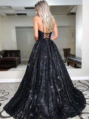 2024 A Line Black Sequin Prom Dresses V Neck Spaghetti Straps Lace Up