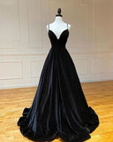 Long Black Velvet Prom Dresses Spaghetti Straps V Neck Evening Party Dress