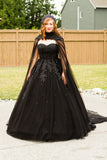 2023 Black Wedding Dresses Crystals Appliques Tulle Cape Brida Wear