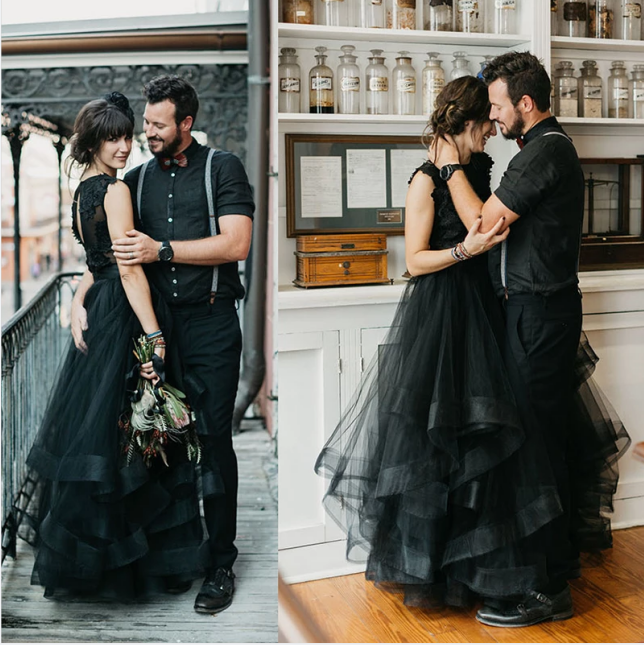 Mermaid Lace Black Wedding Dresses V Neck Sleeveless Tulle Gothic Brid –  MyChicDress