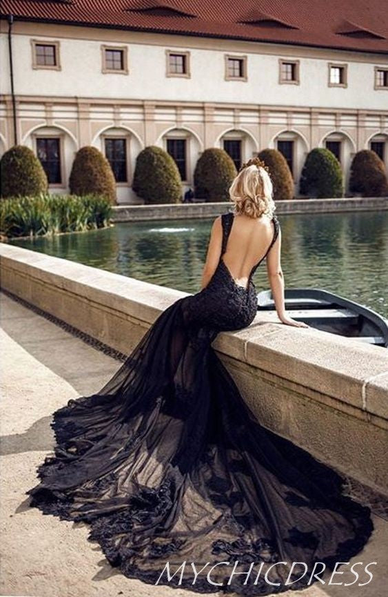 Mermaid Lace Black Wedding Dresses V Neck Sleeveless Tulle Gothic Brid –  MyChicDress