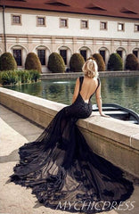 Mermaid Lace Black Wedding Dresses V Neck Sleeveless Tulle Gothic Bridal Gown