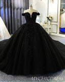 Off Shoulder Black Wedding Dresses Beaded Ball Gown Gothic Wedding Dress