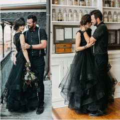 A Line Lace Tulle  Sleeveless Black Gothic Wedding Dresses