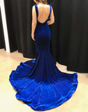Mermaid Royal Blue Velvet Prom Dresses with Split Open Back