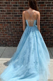 A Line Blue Graduation Dresses Lace Applique Long Prom Dress Cheap