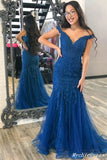 Lace Mermaid Blue Prom Dresses Off the Shoulder Long Formal Evening Dress
