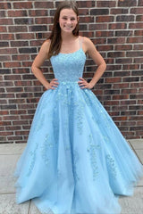 A Line 2024 Blue Graduation Dresses Lace Applique Long Prom Dress Cheap