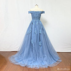 Off the Shoulder Lace Prom Dresses A Line Beaded Blue Evening Dresses
