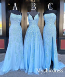 Cheap Long Lace Blue Prom Dresses Applique Mermaid Evening Formal Gowns
