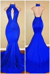 Halter Backless Mermaid Royal Blue Prom Dresses