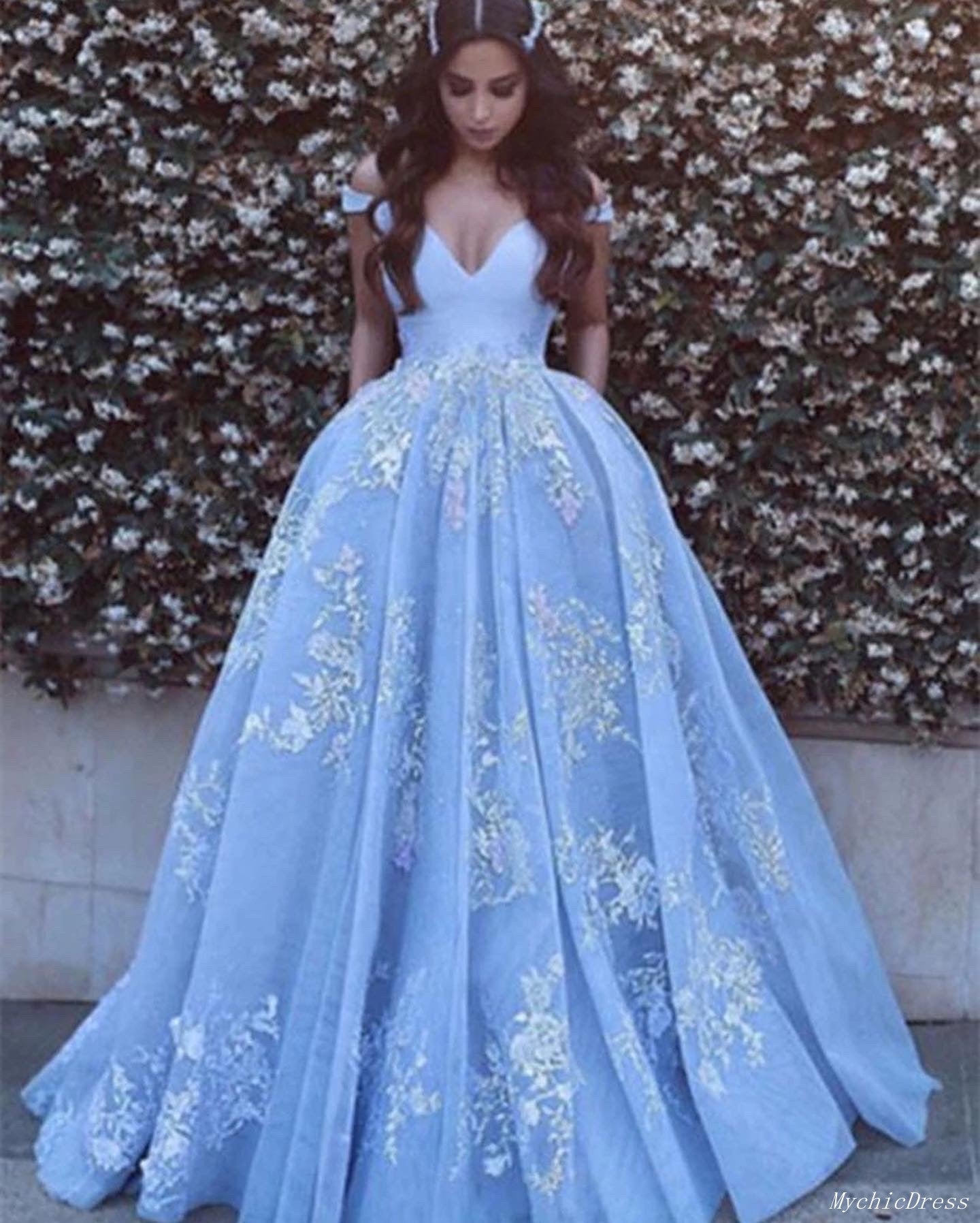 Off the Shoulder Blue Prom Dresses 2024 Lace A Line Evening Gowns –  MyChicDress