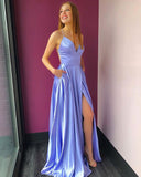 Simple Satin Long Blue Prom Dresses Split with Pockets Cross Back