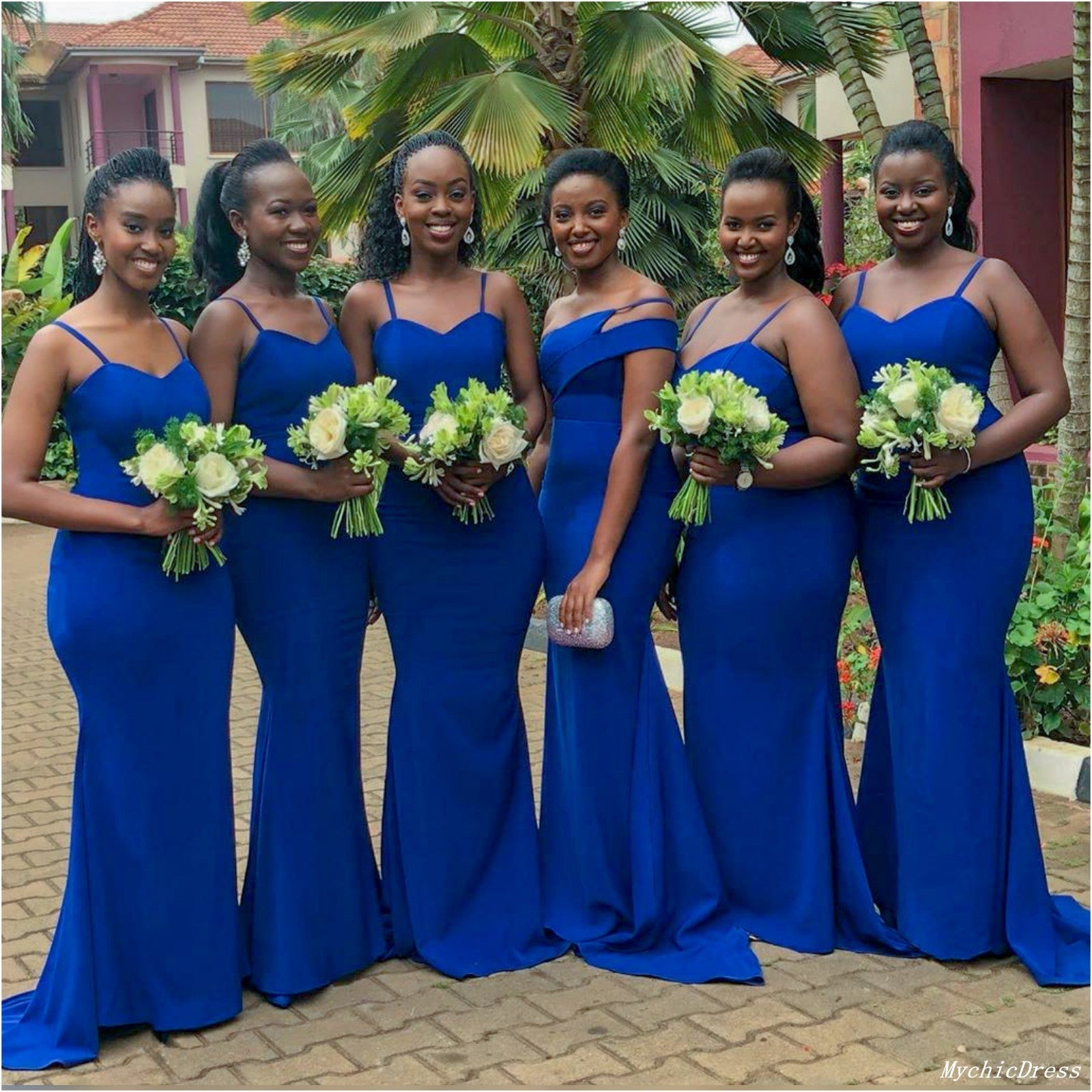 African Satin Blue Bridesmaid Dresses Spaghetti Straps Mermaid Wedding –  MyChicDress