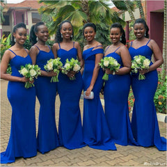 African Satin Blue Bridesmaid Dresses Spaghetti Straps Mermaid Wedding Guest Dress