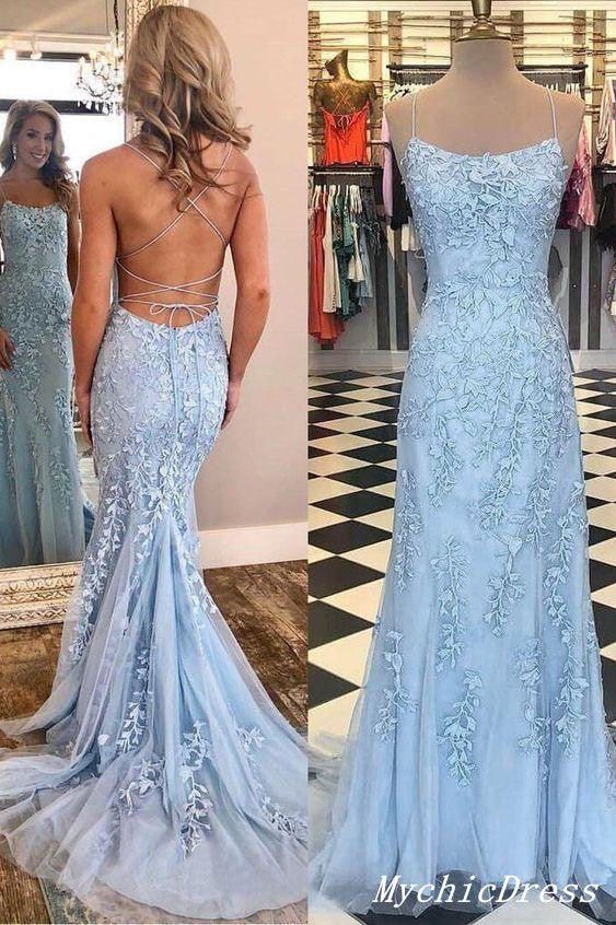mermaid Blue Lace Prom Dresses 2024