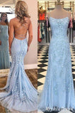 Long Blue Lace Prom Dresses 2024 Mermaid Cross Back Evening Gown