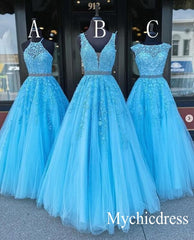 A Line Blue Lace Prom Dresses UK Long Evening Gowns Cheap