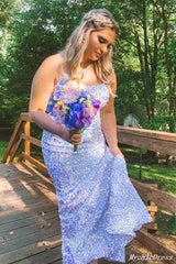 2024 Long Light Blue UK Sequin Prom Dresses Cheap Mermaid Evening Gowns