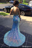 Long Sequin Prom Dresses Blue Deep V Neck Mermaid Evening Gown