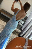 Shiny Sequin Homecoming Dresses Blue Long V Neck Evening Dresses UK