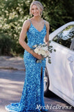 Blue Prom Dresses 2024 Mermaid Long V Neck Sequin Evening Dress