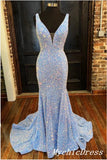 Shiny Sequin Homecoming Dresses Blue Long V Neck Evening Dresses UK