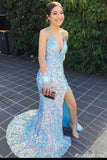 Long Sequin Prom Dresses Blue Deep V Neck Mermaid Evening Gown