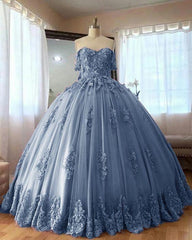 Dusty Blue Lace Quinceanera Dresses Ball Gowns Sweet 16 Dress