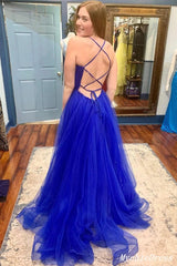 Simple Blue Tulle Prom Dresses V Neck Long Spaghetti Straps Evening Dress