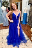 Simple Blue Tulle Prom Dresses V Neck Long Spaghetti Straps Evening Dress