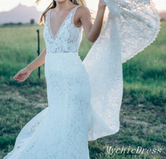 Hot Simple Lace Boho Beach Wedding Dresses V Neck Long Bridal Gown