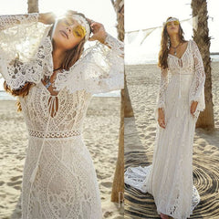 Cheap Boho Puff Sleeve Wedding Dresses Lace Mermaid Bridal Gown