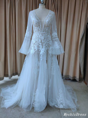 Puff Sleeve Boho Wedding Dresses Lace Tulle Long Bridal Wears