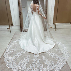 A Line Long Sleeves Ivory Lace Satin Wedding Dresses