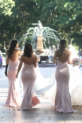 Mermaid Strapless Blush Pink Satin Bridesmaid Dresses Long Party Dresses