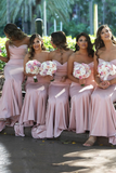 Mermaid Strapless Blush Pink Satin Bridesmaid Dresses Long Party Dresses