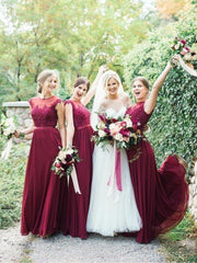 Floor Length Beach Lace Chiffon Jewel Wine Bridesmaid Dresses