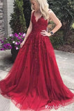 A Line Lace Burgundy Prom Dresses 2023 V Neck Sleeveless