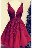 Sexy Short V-neck Red Lace Prom Dresses Cheap Party Dress