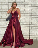 A Line Glitter Burgundy Prom Dresses V Neck Sleeveless Evening Dress