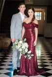 Off the Shoulder Burgundy Sequin Prom Dresses Long Wedding Guest Dress