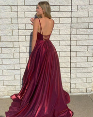 A Line Glitter Burgundy 2024 Prom Dresses V Neck Sleeveless Evening Dress