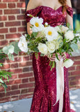 Off the Shoulder Burgundy Sequin Prom Dresses Long Wedding Guest Dress