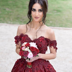 Ball Gown Burgundy Satin Wedding Dresses Off the Shoulder Bridal Wear