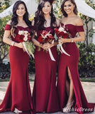 Sexy Burgundy Wedding Guest Dresses Floor Length Bridesmaid Dress with Split