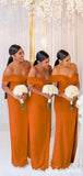 Cheap Bridesmaid Dresses Burnt Orange Mermaid off Shoulder high Slit Dress