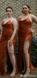 Cheap Long Burnt Orange Bridesmaid Dresses Spaghetti Straps with split