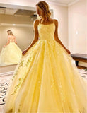 A Line Floor Length Lace Yellow Prom Dresses Spaghetti Straps